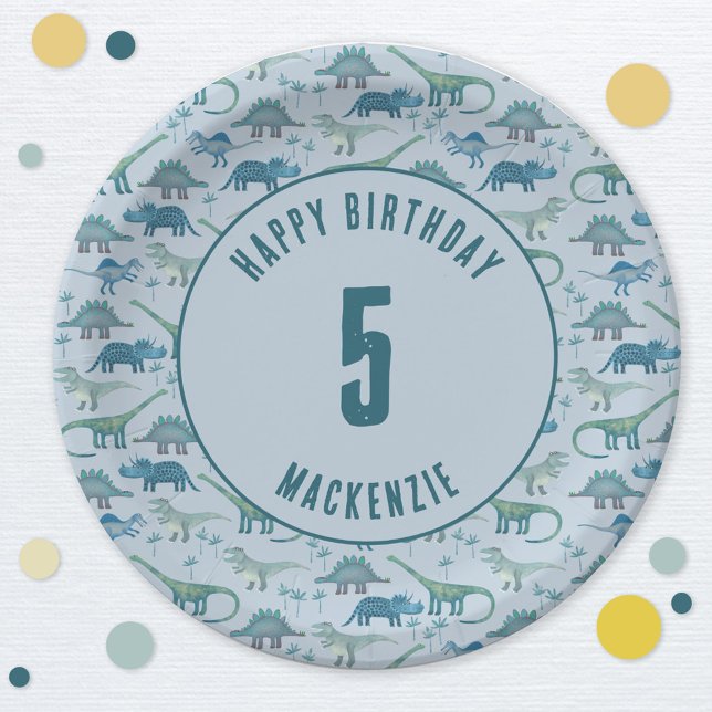 Plato De Papel Dinosaur Boy Kids Fiesta de cumpleaños Azul (Dinosaur birthday party personalized paper plate)