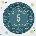 Plato De Papel Dinosaur Boy Kids Fiesta de cumpleaños oscuro<br><div class="desc">¡Es hora de una fiesta de cumpleaños salvaje! Un divertido grupo de adorables dinosaurios sobre un oscuro fondo verde verde azulado,  listos para el personalizar con el nombre y la edad de su hijo. Genial para cualquier niño,  niño o chica de edad. Arte original de Nic Squirrell.</div>