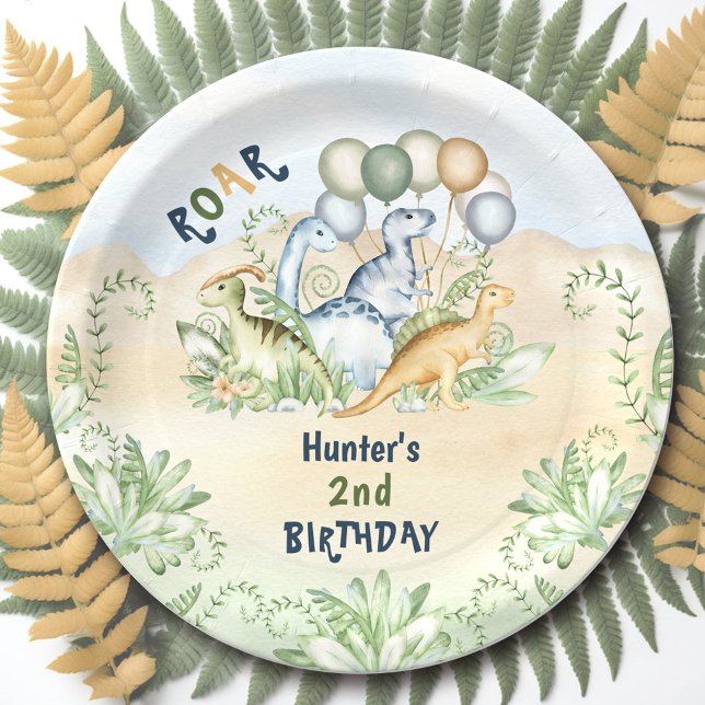 Plato De Papel Dinosaur Boy Pastel Cute Azul Verde Segundo cumple (Dinosaur Boy Pastel Cute Blue Green 2nd Birthday Paper Plates)