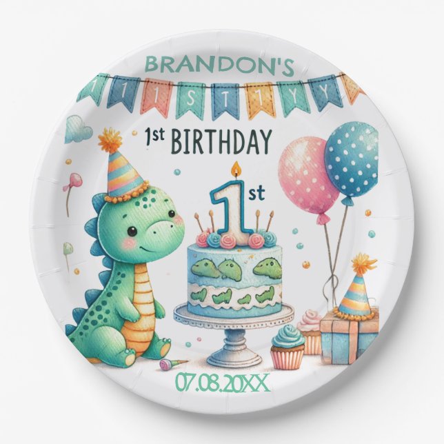Plato De Papel Dinosaur Dino Fiesta de cumpleaños 1 (Anverso)