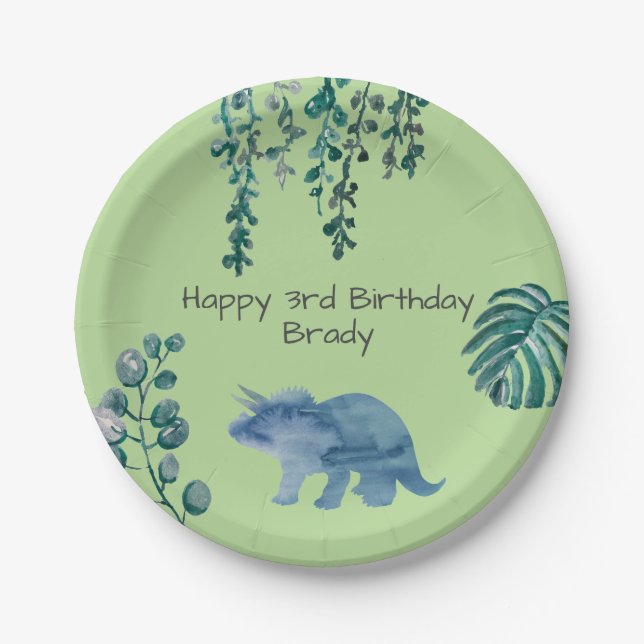 Plato De Papel Dinosaur Fiesta Triceratops Green (Anverso)