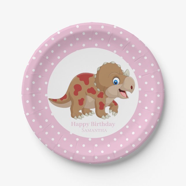 Plato De Papel Dinosaur Gold Triceratops Fiestas White Dots (Anverso)