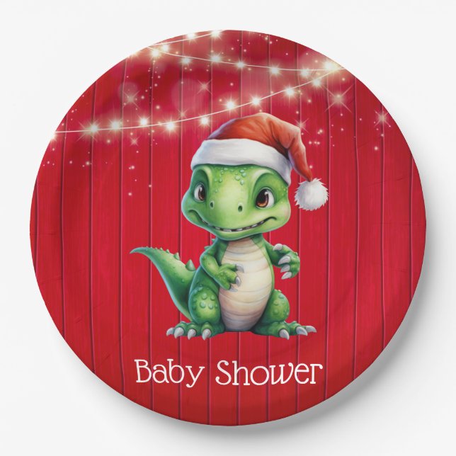 Plato De Papel Dinosaur Navidades de Madera Roja Iluminan Baby Sh (Anverso)