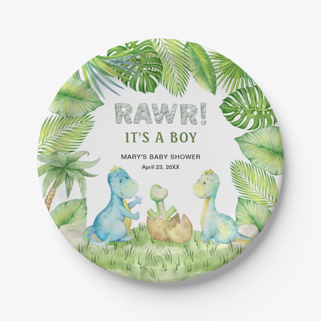 Plato De Papel Dinosaur RAWR es un niño Baby Shower (Anverso)