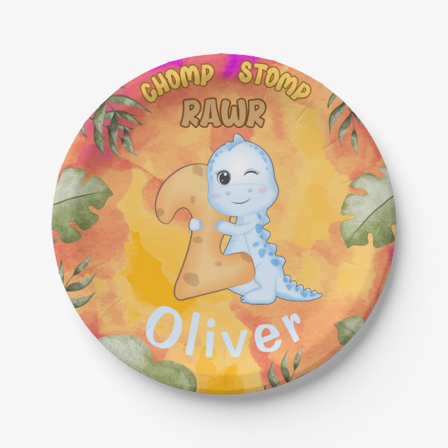 Plato De Papel Dinosaur Stomp Chomp Rawr fiesta de 2º cumpleaños (Anverso)