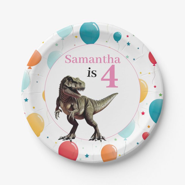 Plato De Papel Dinosaur T Rex Birday Pink (Anverso)