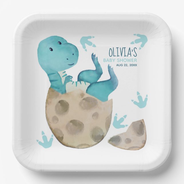 Plato De Papel Dinosaur T-Rex Egg Hatching Boy Baby Shower (Anverso)