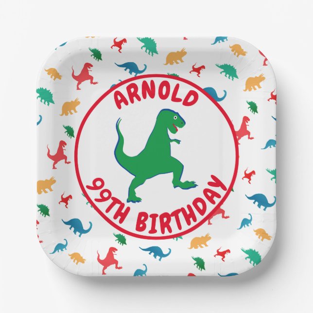 Plato De Papel Dinosaur T-Rex Pattern Boy 3er cumpleaños (Anverso)