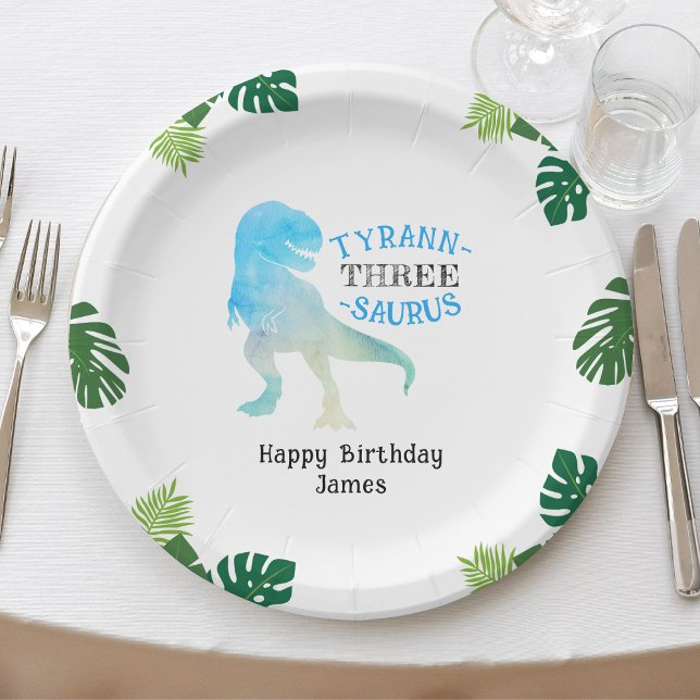 Plato De Papel Dinosaurio 3 Fiesta de cumpleaños Blue Tyrannosaur (Dinosaur 3rd Birthday Party Blue Tyrannosaurus Rex Paper Plates
)