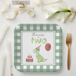 Plato De Papel Dinosaurio acuarela 2º cumpleaños