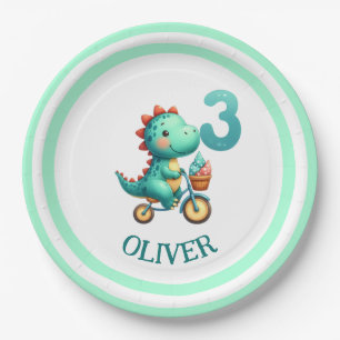 Plato De Papel Dinosaurio Adorable con Bicicleta 3er Cumpleaños