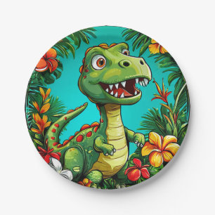Plato De Papel Dinosaurio Adorable Rodeado de Flores Coloridas
