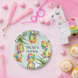 Plato De Papel Dinosaurio arcoiris mágico lindo Fiesta de cumplea