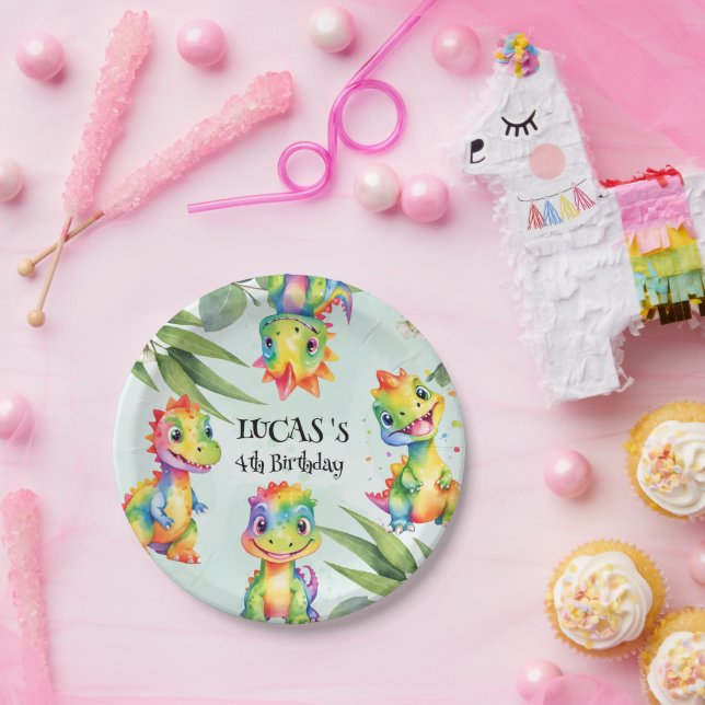 Plato De Papel Dinosaurio arcoiris mágico lindo Fiesta de cumplea (Fiesta)