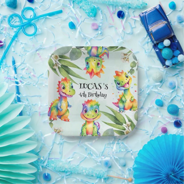 Plato De Papel Dinosaurio arcoiris mágico lindo Fiesta de cumplea (Fiesta)