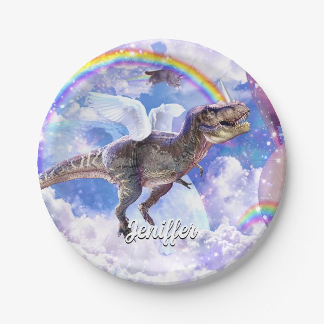Plato De Papel Dinosaurio arcoiris unicornio (Anverso)