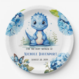Plato De Papel Dinosaurio azul lindo con Florals Boy Baby Shower