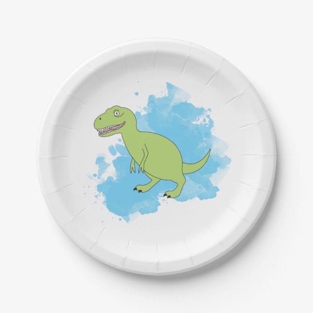 Plato De Papel Dinosaurio con diseño de fondo acuarela (Anverso)