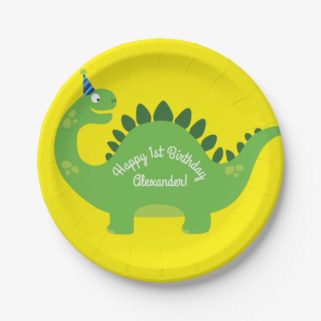 Plato De Papel Dinosaurio Cute 1er cumpleaños Placas (Anverso)