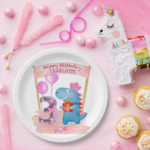 Plato De Papel Dinosaurio Cute Girly Personalizado 3 Años Cumplea