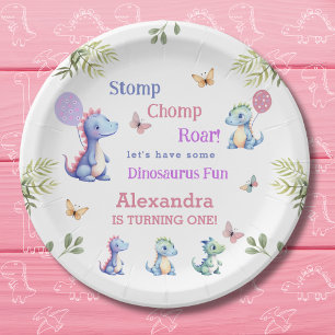 Plato De Papel Dinosaurio de la bebé rosa de Cute primer cumpleañ