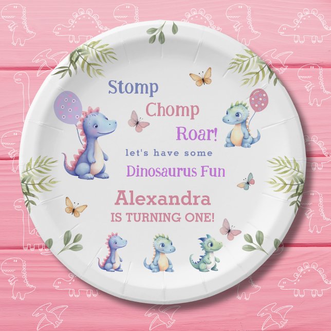 Plato De Papel Dinosaurio de la bebé rosa de Cute primer cumpleañ (Subido por el creador)
