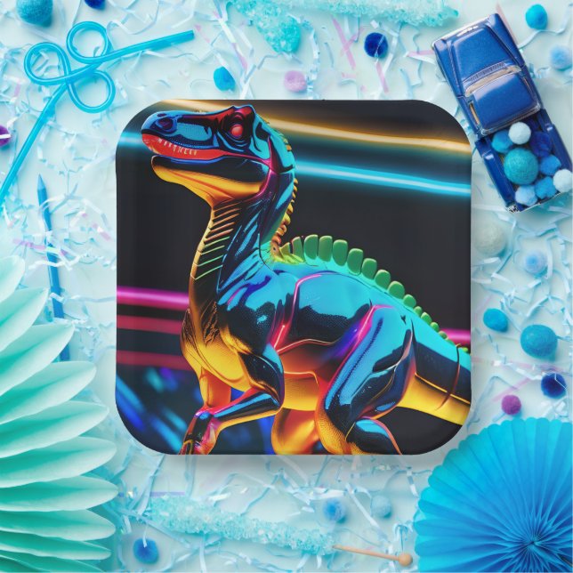 Plato De Papel Dinosaurio de neón (Fiesta)