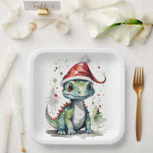 Plato De Papel Dinosaurio de pequeños Navidades en un Sombrero Sa