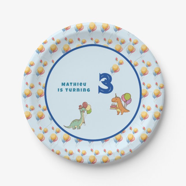 Plato De Papel Dinosaurio dino fiesta niños cumpleaños azul diver (Anverso)