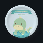 Plato De Papel Dinosaurio en Huevo Suministros de Fiestas Baby Sh<br><div class="desc">El fiesta de la ducha para bebés suministra placas de papel que vienen con un lindo dinosaurio verde con picos amarillos claros que salen de un huevo. Personalice su mensaje en el cartel y en las plantillas de texto.</div>