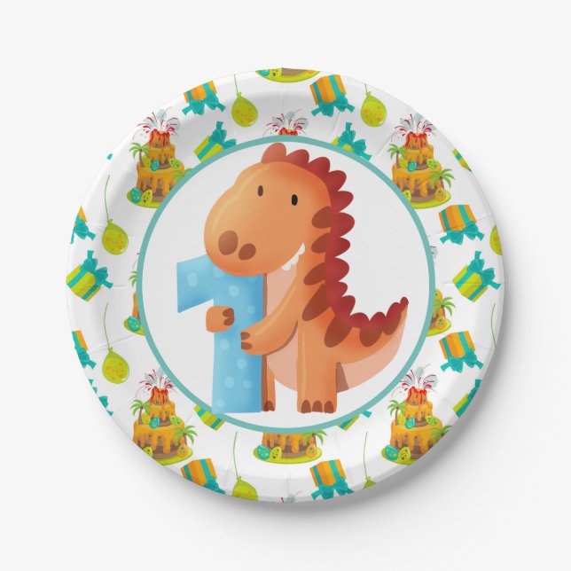 Plato De Papel Dinosaurio Fiesta del primer cumpleaños (Anverso)