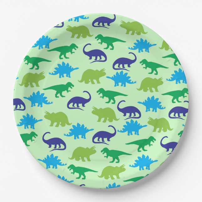 Plato De Papel Dinosaurio lindo Baby Shower Dino Blue and Green B (Anverso)