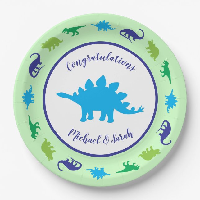 Plato De Papel Dinosaurio lindo Baby Shower Dino Blue and Green B (Anverso)