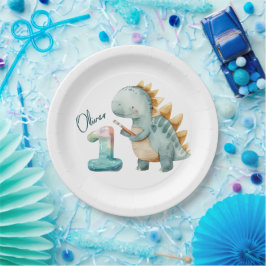 Plato De Papel Dinosaurio lindo con un broche Primer Cumpleaños