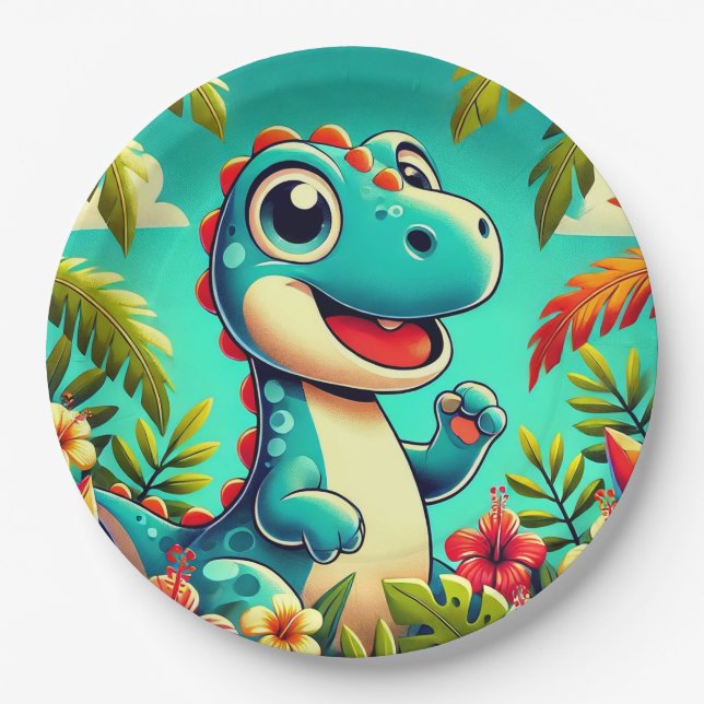 Plato De Papel Dinosaurio Personalizado Adorable en medio de vibr (Anverso)