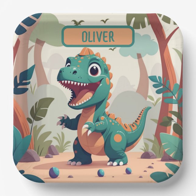 Plato De Papel Dinosaurio Personalizado Lindo (Anverso)