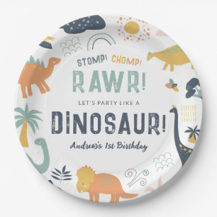 Plato De Papel Dinosaurio Primer cumpleaños Stomp Chomp Roar