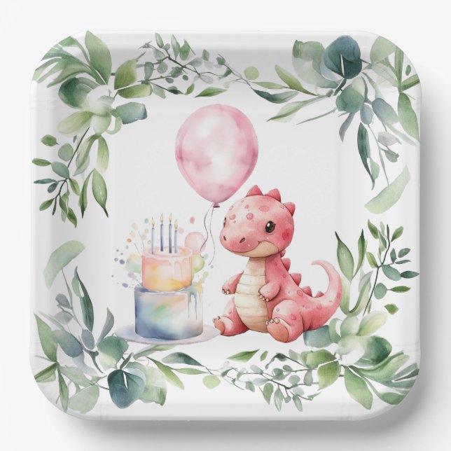 Plato De Papel Dinosaurio rojo pintado uno fiesta de cumpleaños d (Anverso)