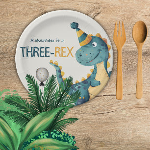 Plato De Papel Dinosaurio Trex Tres Rex Tercer Fiesta de Cumpleañ