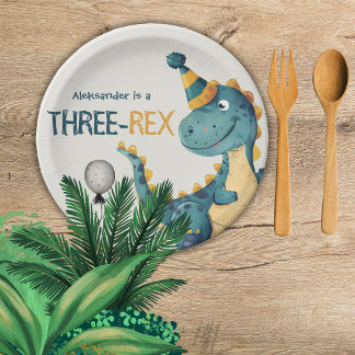 Plato De Papel Dinosaurio Trex Tres Rex Tercer Fiesta de Cumpleañ