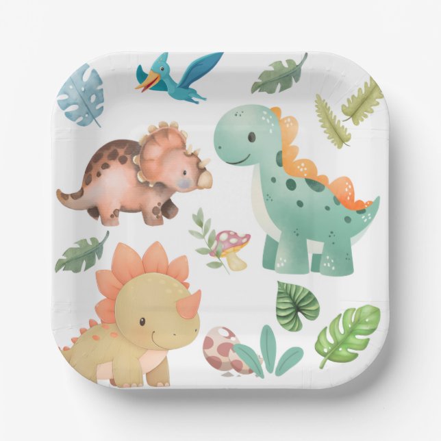 Plato De Papel Dinosaurio verde lindo (Anverso)