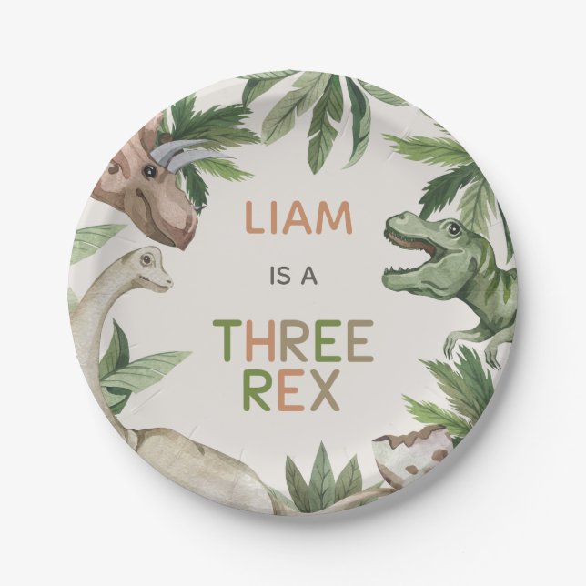 Plato De Papel Dinosaurio Verde Rústico Tres Rex Tercer Cumpleaño (Anverso)