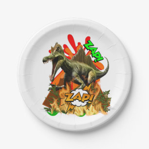 Plato De Papel Dinosaurios arte cómico volcán zap blanco prehis