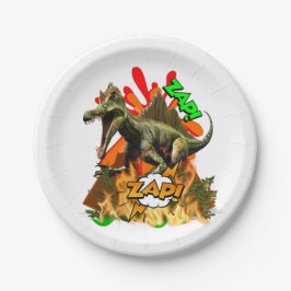 Plato De Papel Dinosaurios arte cómico volcán zap blanco prehistó