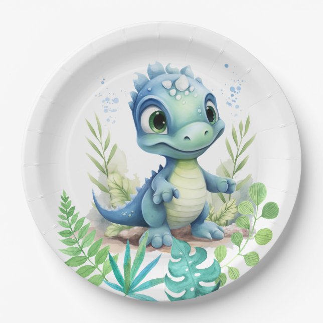 Plato De Papel Dinosaurios bebes verde y azul (Anverso)