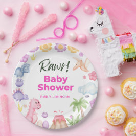 Plato De Papel Dinosaurios Chica Baby Shower