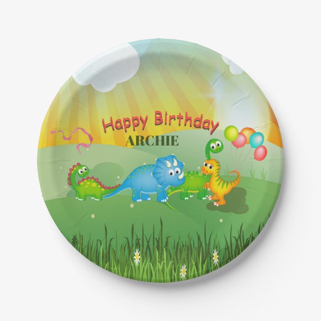Plato De Papel Dinosaurios Colorful Kids Cumpleaños moderno (Anverso)