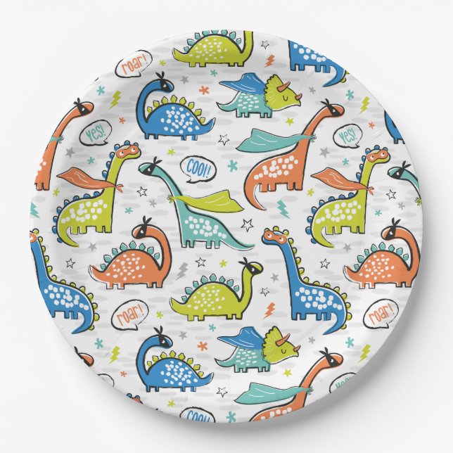 Plato De Papel Dinosaurios de superhéroes graciosos (Anverso)