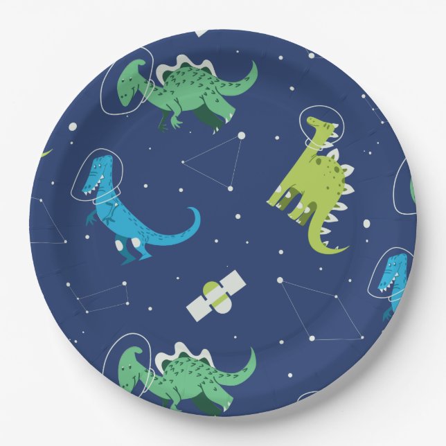 Plato De Papel Dinosaurios Espacio Dino niños Patrón regalo veran (Anverso)