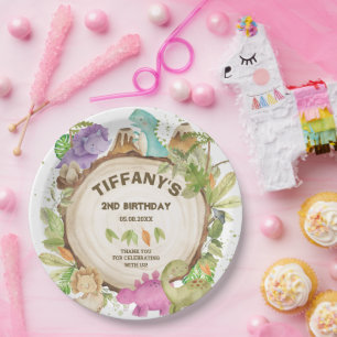 Plato De Papel Dinosaurios morados rosados puros jurásicos Chica 